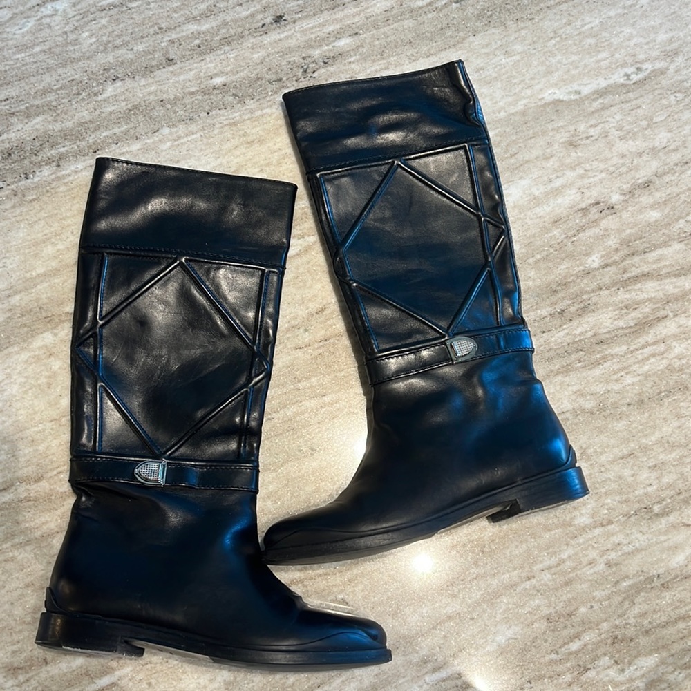 Dior Knee-High Leather Boots with Silver Buckle
